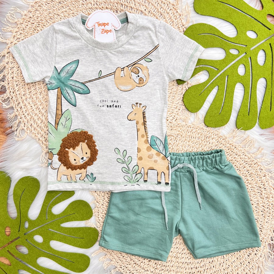 Conj. Camiseta Cool And Fun Safari e Bermuda - Mescla e Verde